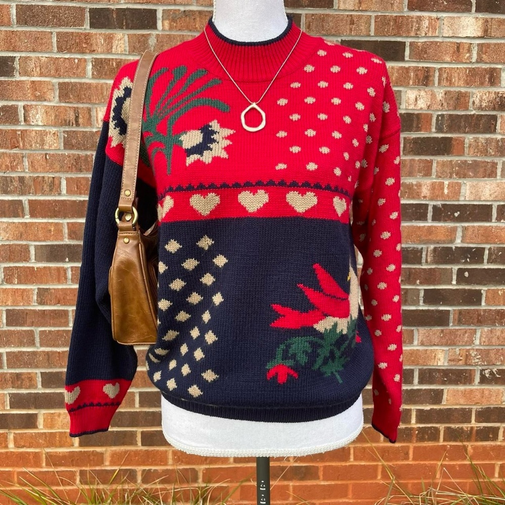 Vintage Suburban Petites Medium Red Navy Bird Heart Flower Knit Sweater